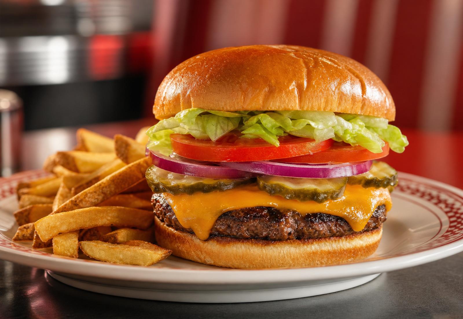 Juicy hand-formed Fearless Meat burger with melted cheddar, fresh tomatoes, lettuce, and crispy fries